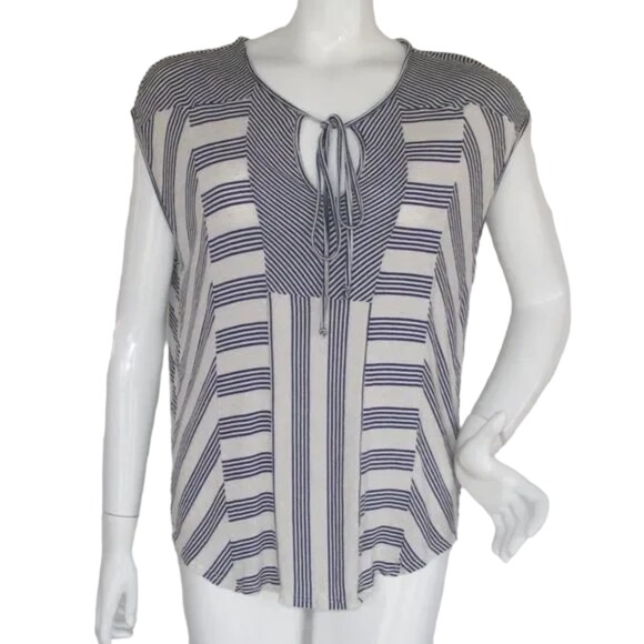 ELLA MOSS Top, L, Sleeveless, Stripes, Keyhole with ties, Rayon-linen blend - Picture 1 of 10